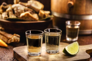 Tábua de madeira com dois copos de bebida e um limão